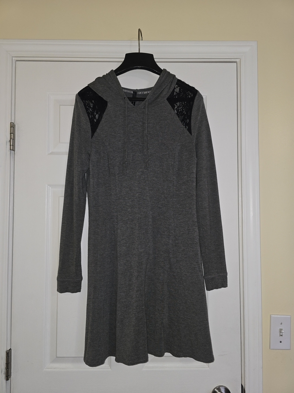 Gray Hooded Sweatshirt Dress Tunic with Lace Accents - Picture 2 of 10